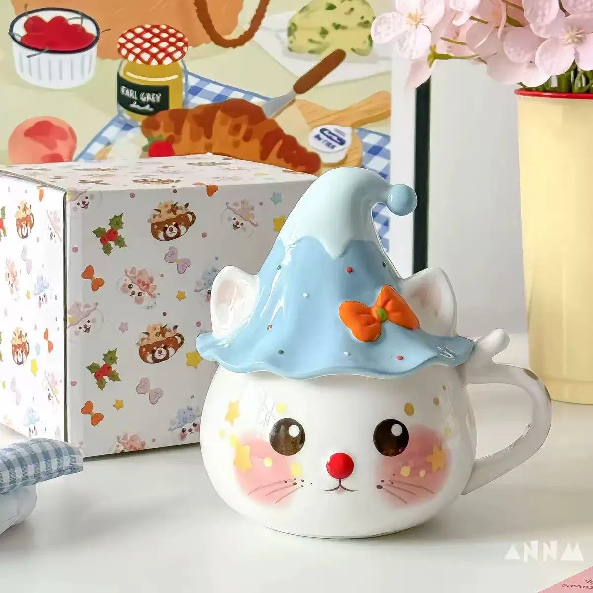 Керамическая кружка с призрачным котом и крышкой