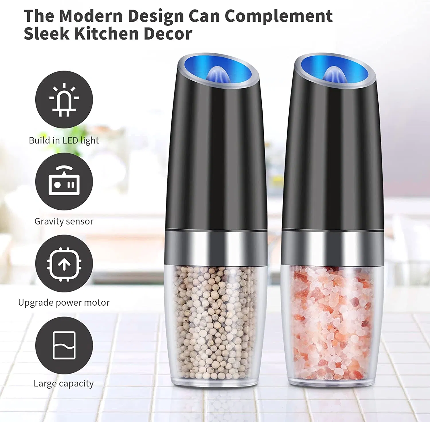 Electric Salt and Pepper Grinder Set AAA Battery Powered with LED Light Adjustable Coarseness One Hand Automatic Pepper Mill Grinder for Kitchen and BBQ