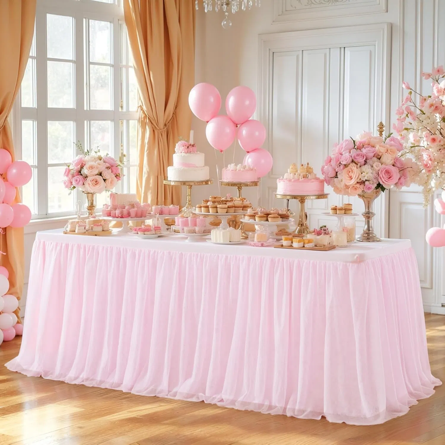 Elegant 6FT Pink Tulle Tutu Table Skirts for Weddings Birthday
