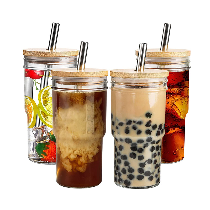 Hot Seller 22oz Wide Mouth Mason Jar Drinking Glass Cup with Stainless Steel Straw