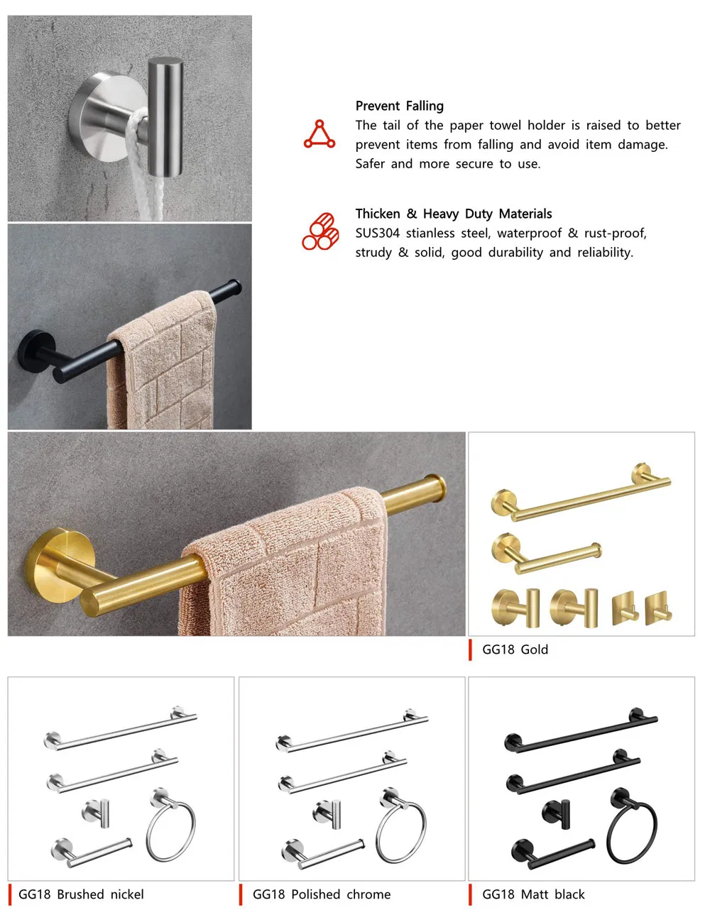 Thicken SUS304 Stainless Steel Towel Bar for Bathroom, Bathroom Accessories Towel Rod Heavy Duty Wall Mounted Towel Holder Square Base Bath Towel Rack