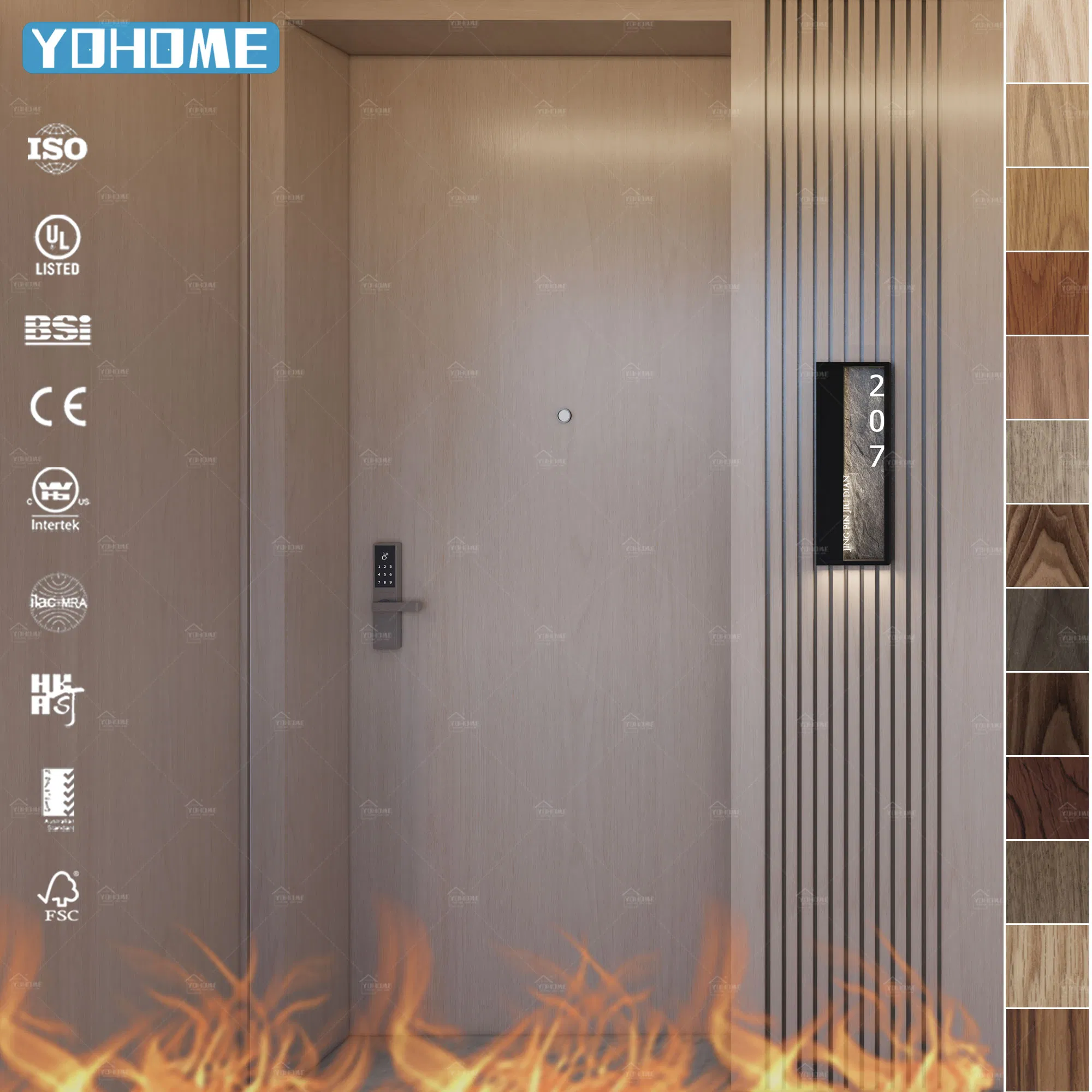 European Modern Wooden Hotel Apartment Fireproof Soundproof Oak Veneer 30 60 Minutes Fire Rated Wooden Door