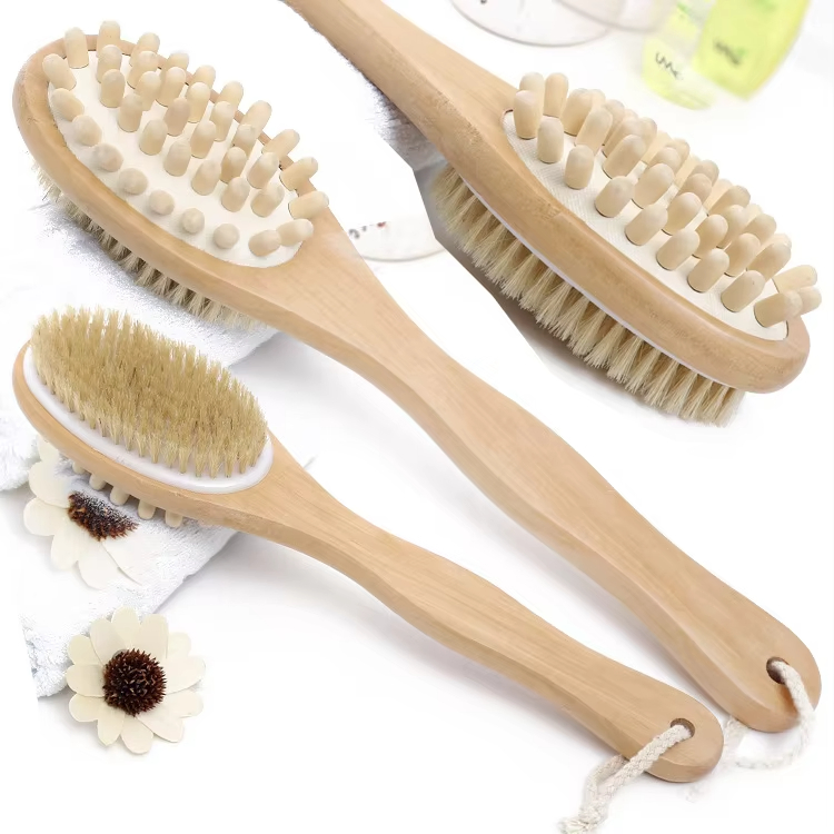 Bathroom Wooden Exfoliating Dry Bath Shower Brush Natural Cactus Bristle Body Clean Brush with Long Handle for Body Brushing