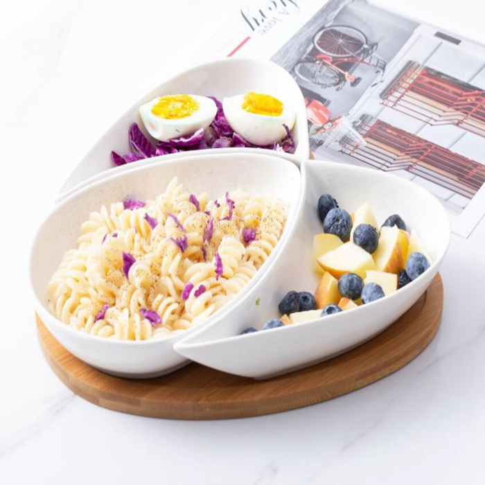 Ceramic Divided Dishes with Bamboo Tray Removable Snack Bowls Serving Platter