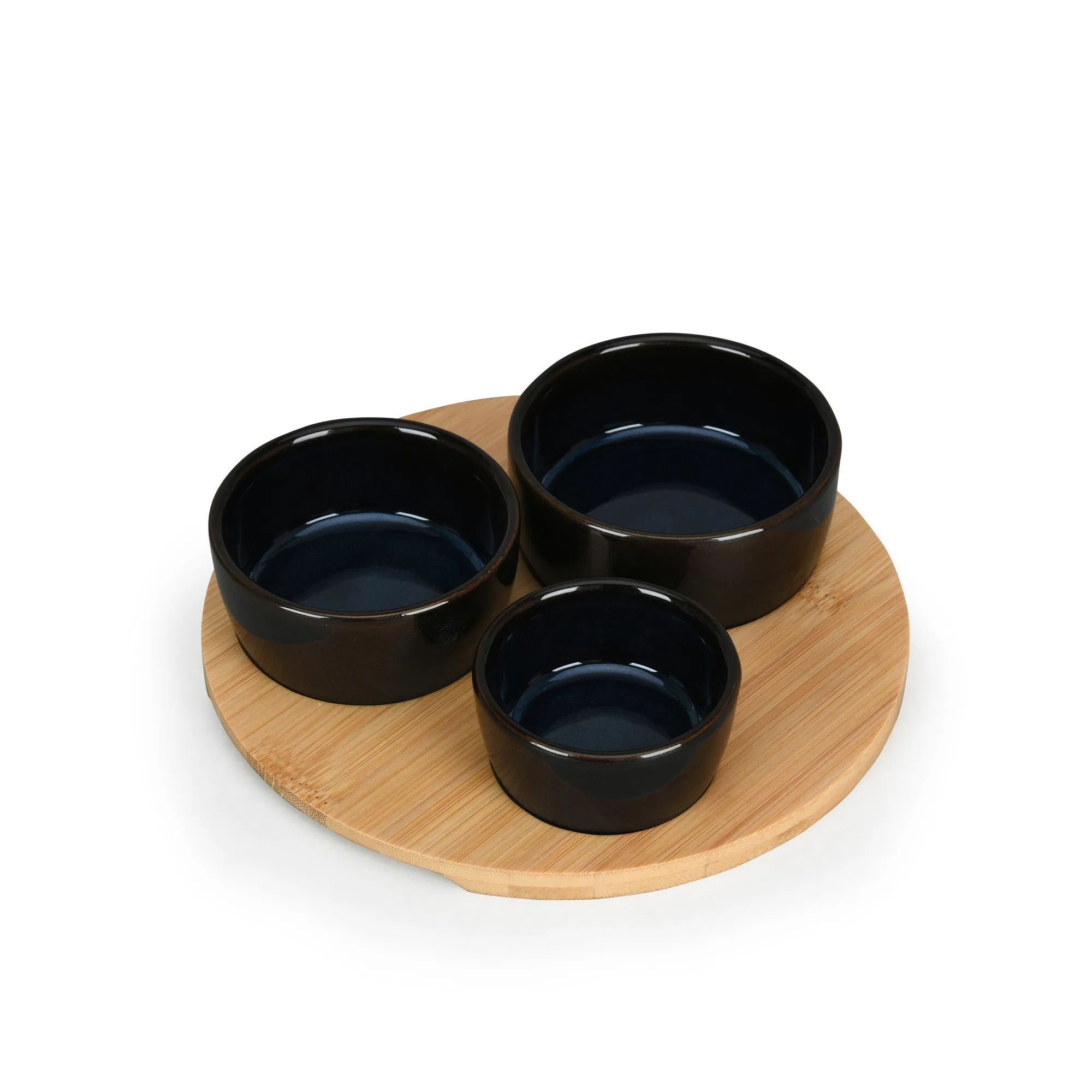 Ceramic Servingware Porcelain Set of 3 Serving Bowl with Bamboo Tray