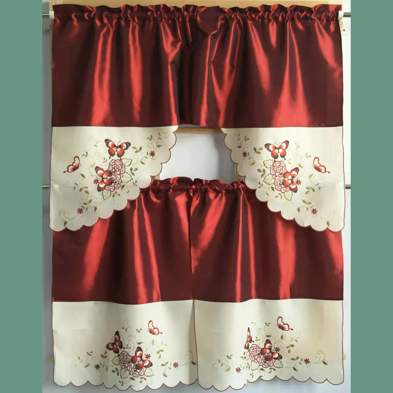 Butterfly and Flower Embroidered Patchwork Kitchen Curtain