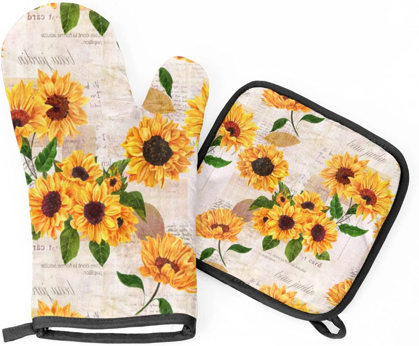 Retro Sunflower Kitchen Microwave Oven Glove and Pot Holder Set