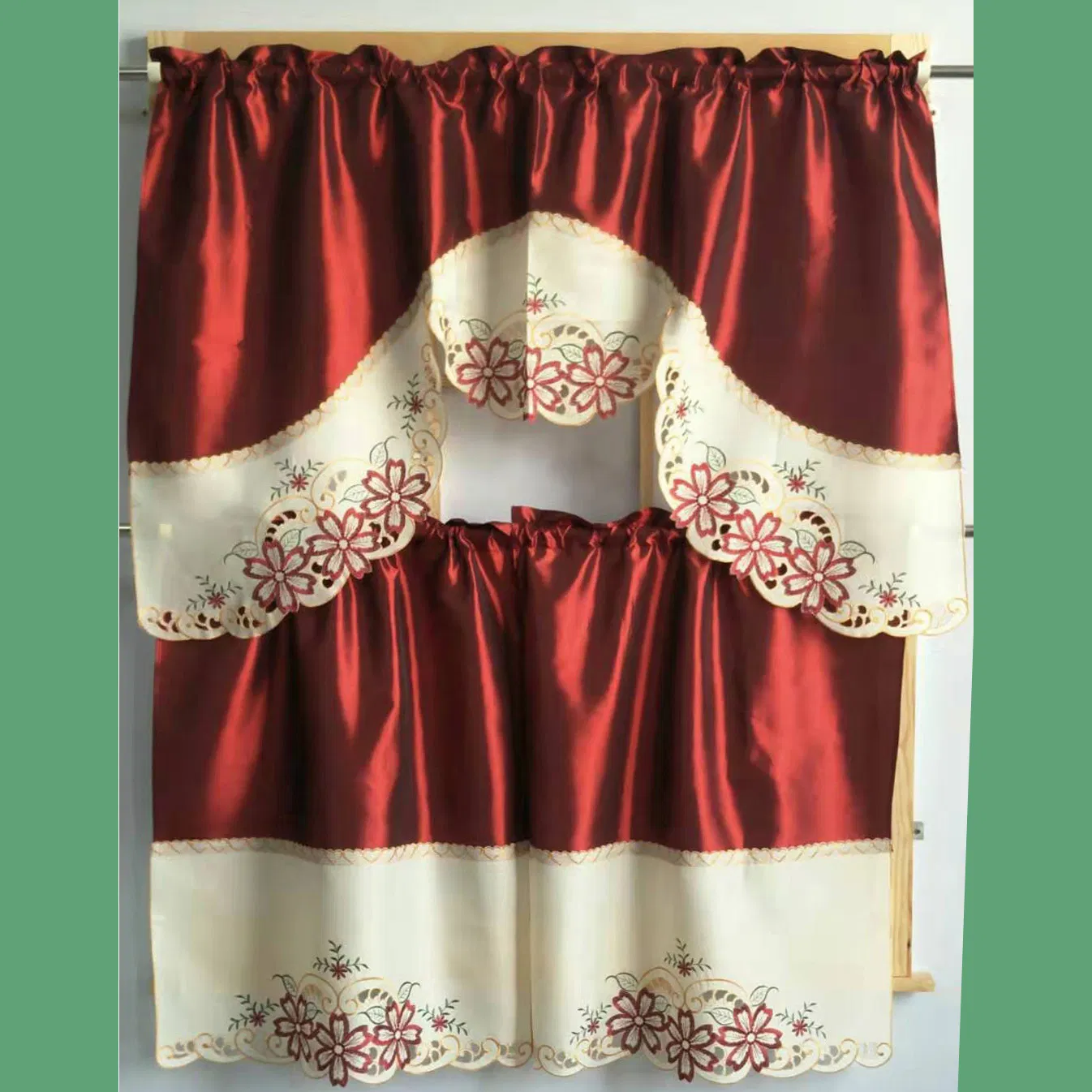 Embroidered Border Patchwork Red Satin Fabric Kitchen Curtain