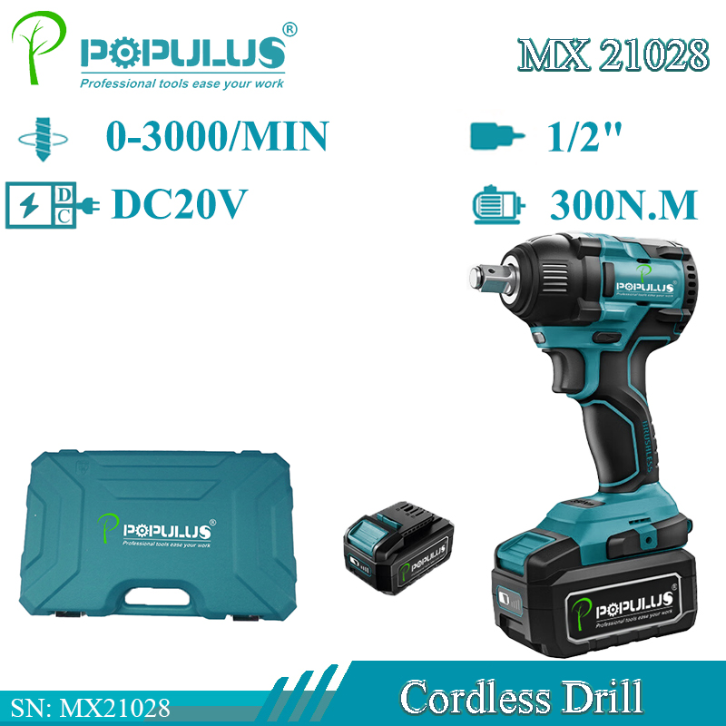Populus Industrial Quality 20V Rechargeable Lithium Wrench 1/2" 3000bpm Impact Rate Electric Brushless Impact Wrench Cordless Wrench for South Africa Market