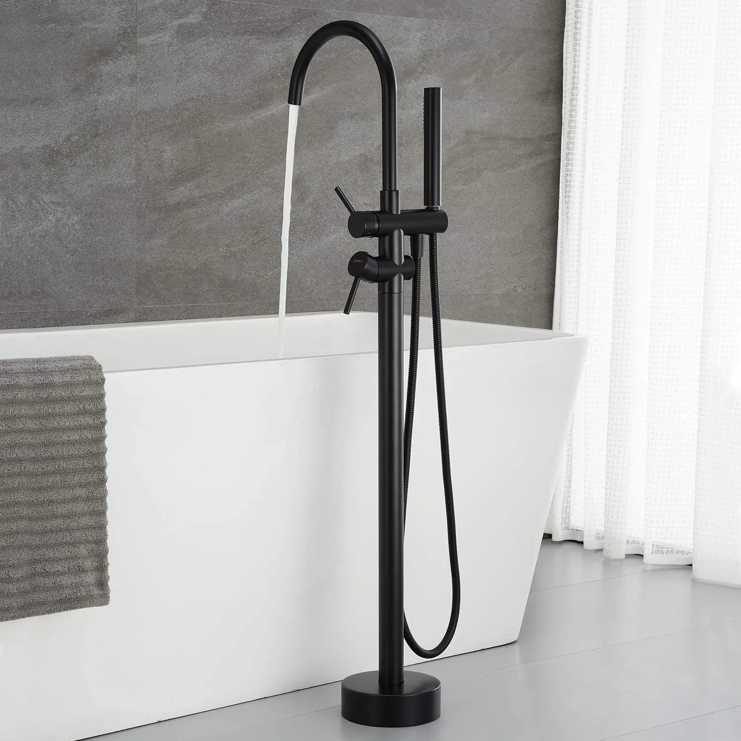 Freestanding Tub Filler Bathtub Faucet Black Floor Mount Brass Bathroom Faucets with Hand Shower