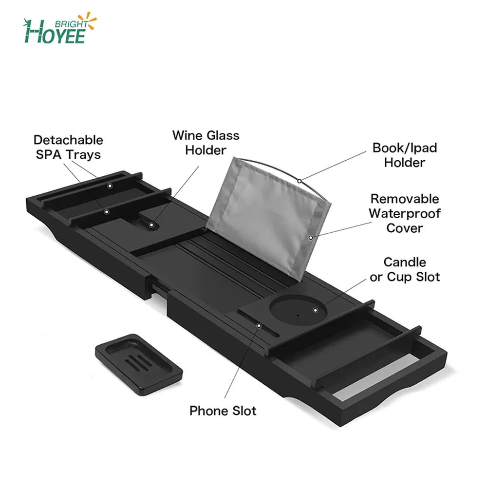 Adjustable Bathroom Organizer for Luxury Bath, Book Stand with Extending Sides & Wine Holder, Free Soap Holder, Black