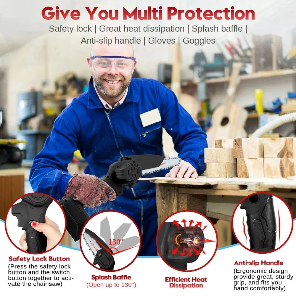 Powsawer 6 Inch Cordless Electric Chainsaw Mini Chain Saw with 2 Batteries Toolbox Handheld for Wood Cutting Garden Tree