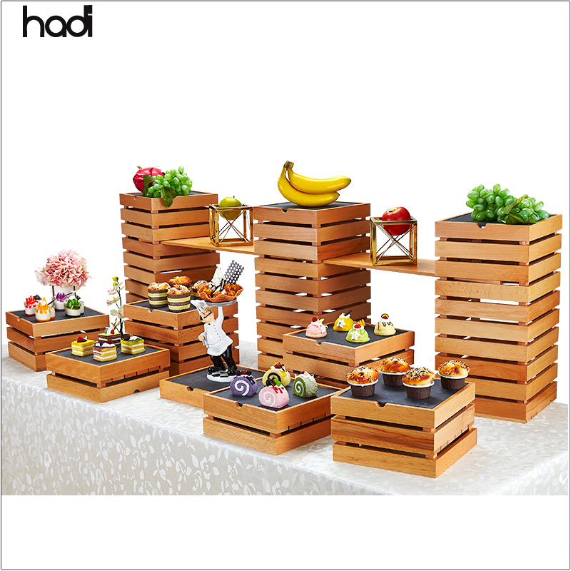 F&B Chef Items Hotel Catering Equipment Wooden Furniture Decorative Wooden Buffet Rack Riser/ Buffet Stand Catering for Sale