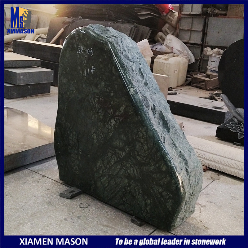 Natural Picasso Green Marble Gravestone with Tree Owl Sculpture