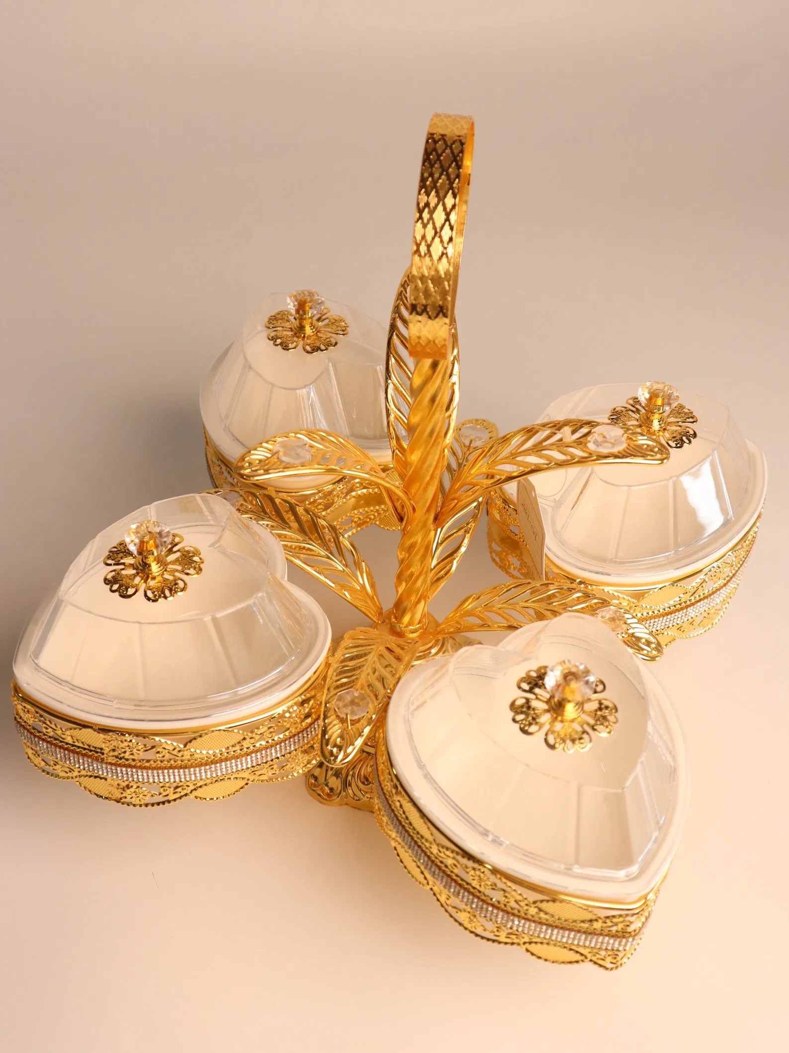 Elegant Fruit Tray with Gilded Ironwork and Four Plastic Bowls