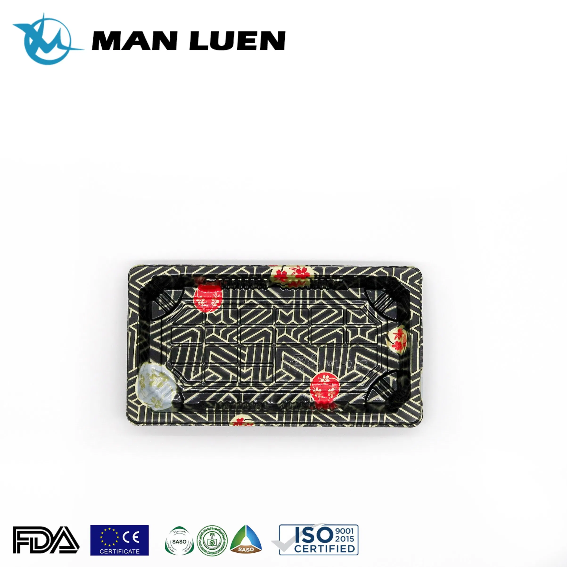 Disposable Japanese Plastic Take out Food Container to Go Small Rectangle Black Sakura Print Sushi Packaging Box