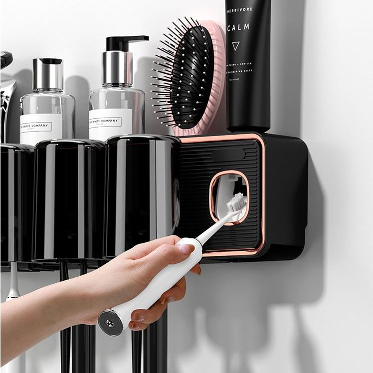 Wall-Mounted Punch-Free Toothbrush Holder, Mouthwash Cup, Automatic Toothpaste Dispensing Rack, Storage Rack