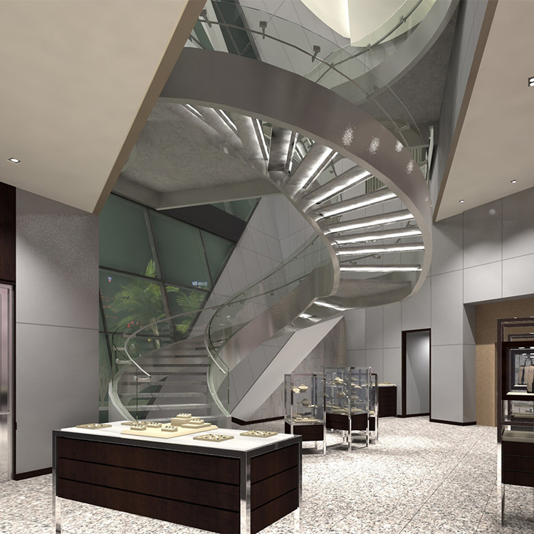 Cbmmart Carbon Steel Curved Staircase with Tempered Glass and Stainless Steel Handrail