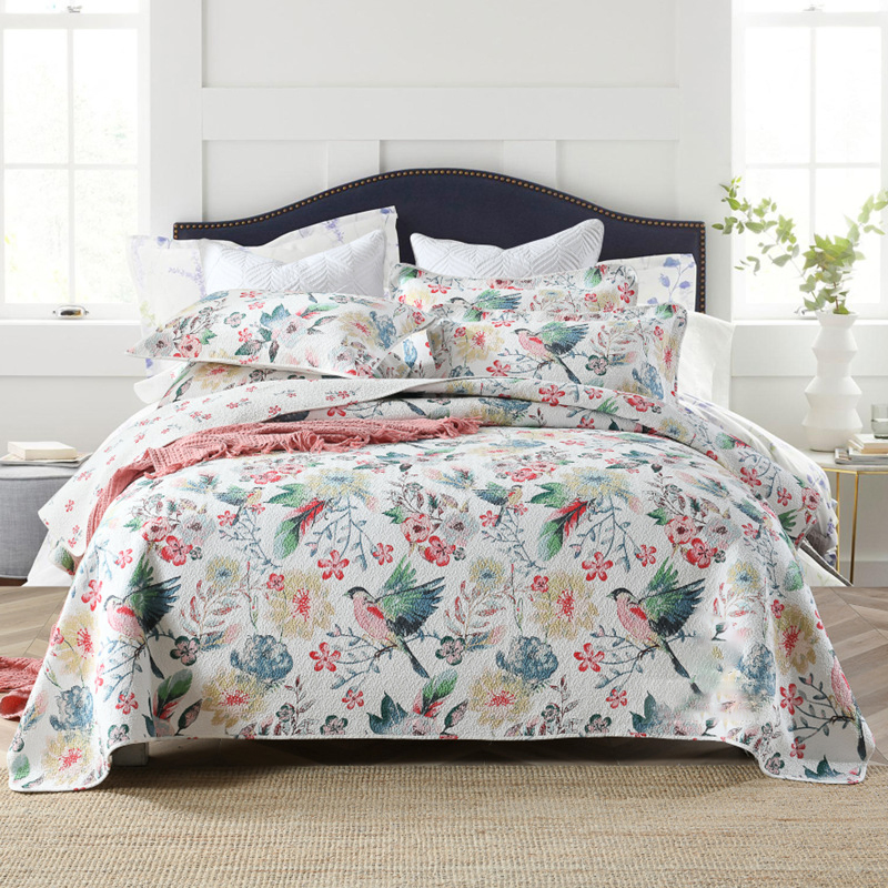 Reversible Bedspread Cotton Quilt Set Queen Lightweight Bedcover Print Coverlet 3PCS