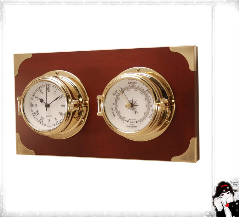 Nautical Clock & Barometer with Solid Wood Plaque