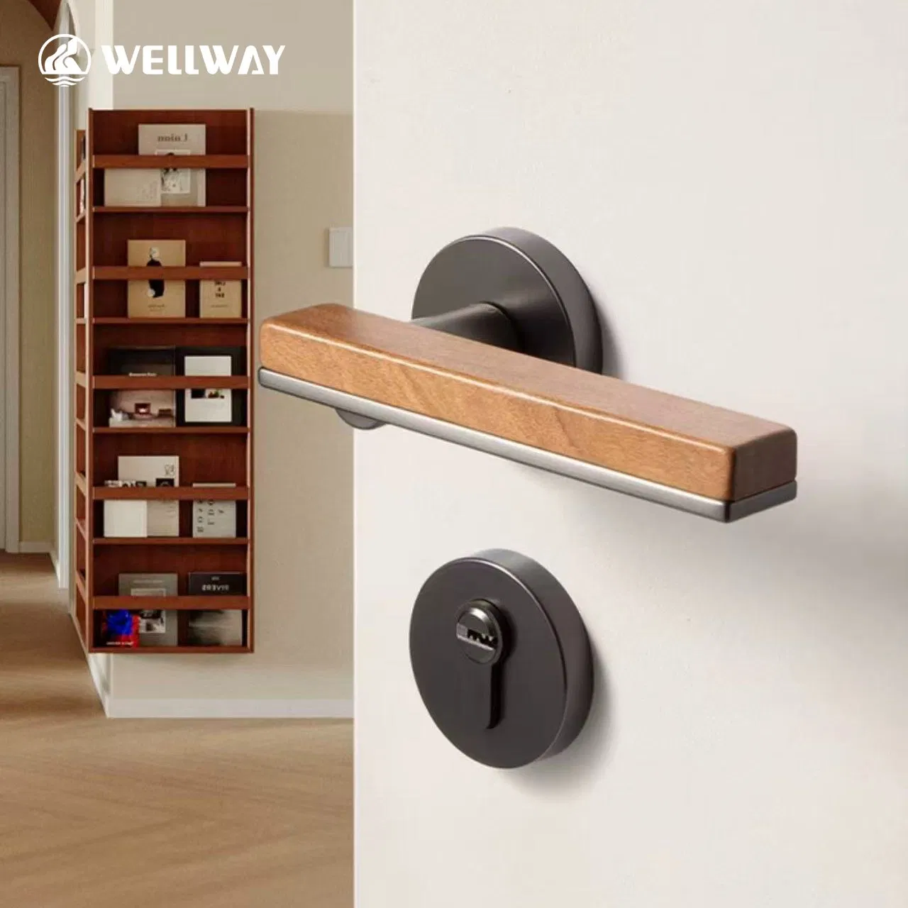 Black Brushed Zinc Alloy Square Lever Handle with Walnut Wood Insert and Round Rosette for Interior Door Wenzhou Factory China Factory OEM Premium - 1065r65