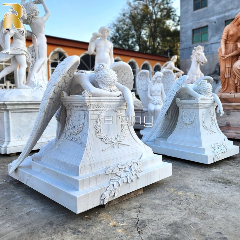Hot Sale White Marble Stone Cemetery Weeping Angel Tombstone Memorial Angel Headstone