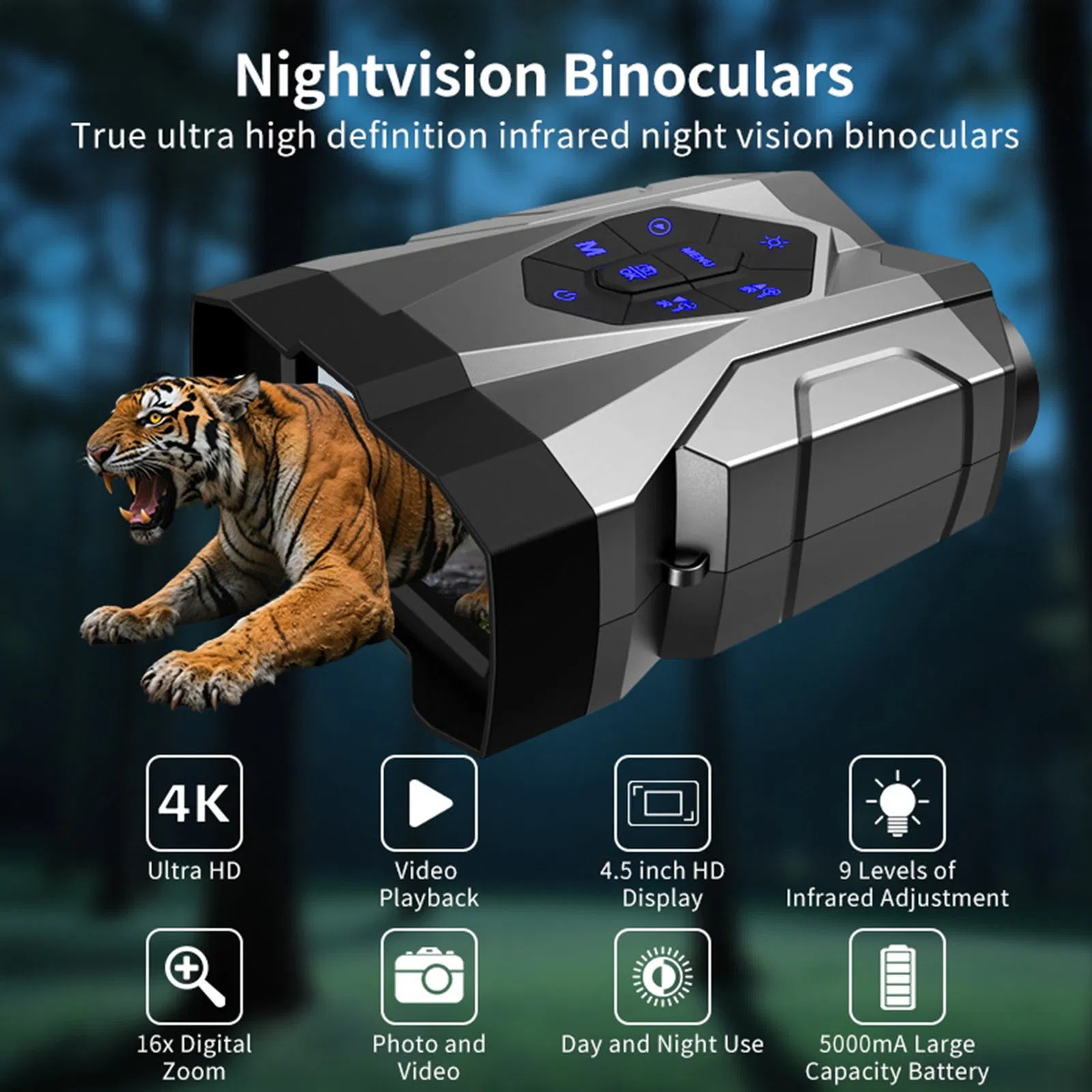 Binocular Night Vision Telescope Goggles 16X Digital Zoom Rechargeable Infrared with 4.5inch Large Screen Camp Outdoor Wildlife