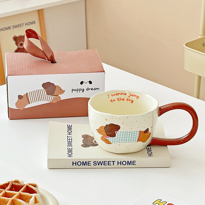 300ml Cute Big Handle Cartoon Ceramic Cup Dog Coffee Mugs Ins Breakfast Household Office Milk Coffee Cups