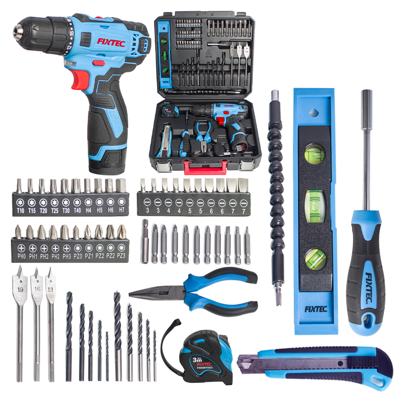 Fixtec Power Tools Kit Potable Plastic Box Lithium Battery Electric Cordless Drill Combo Kit with 60PCS Accessories