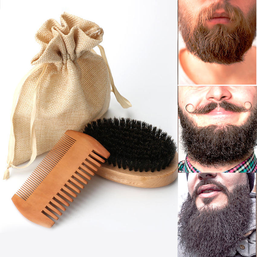 Private Label Bamboo Wooden Boar Bristle Beard Shaving Brush and Comb Set for Men Wholesale Custom Logo Beard Brush and Comb Kit