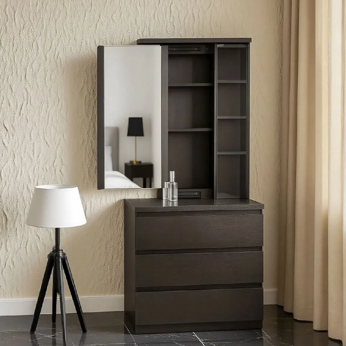 Modern Black 3-in-1 Full-Length Mirror Dressing Table with Storage for Bedrooms&Living Rooms