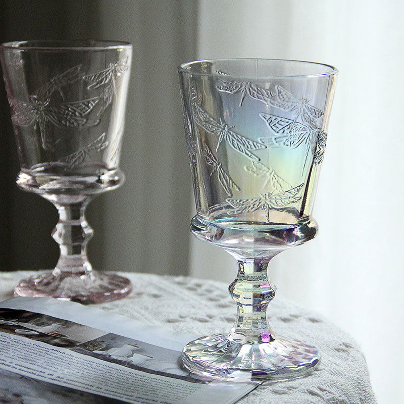 Creative Exquisite Dragonfly Relief Glass Cup Simple Retro Tall Juice Cups