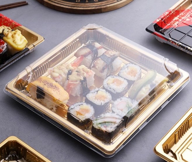 Plastic Sushi Tray Box with Transparent Lid Rectangular Takeaway Packaging Food Container