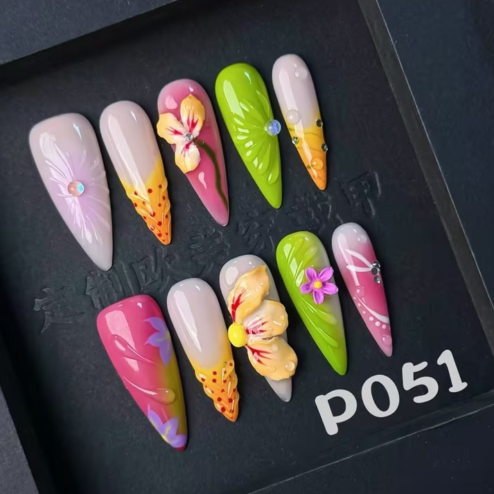 Pastel Micro Fruit Press on Nails with 3D Floating Flowers