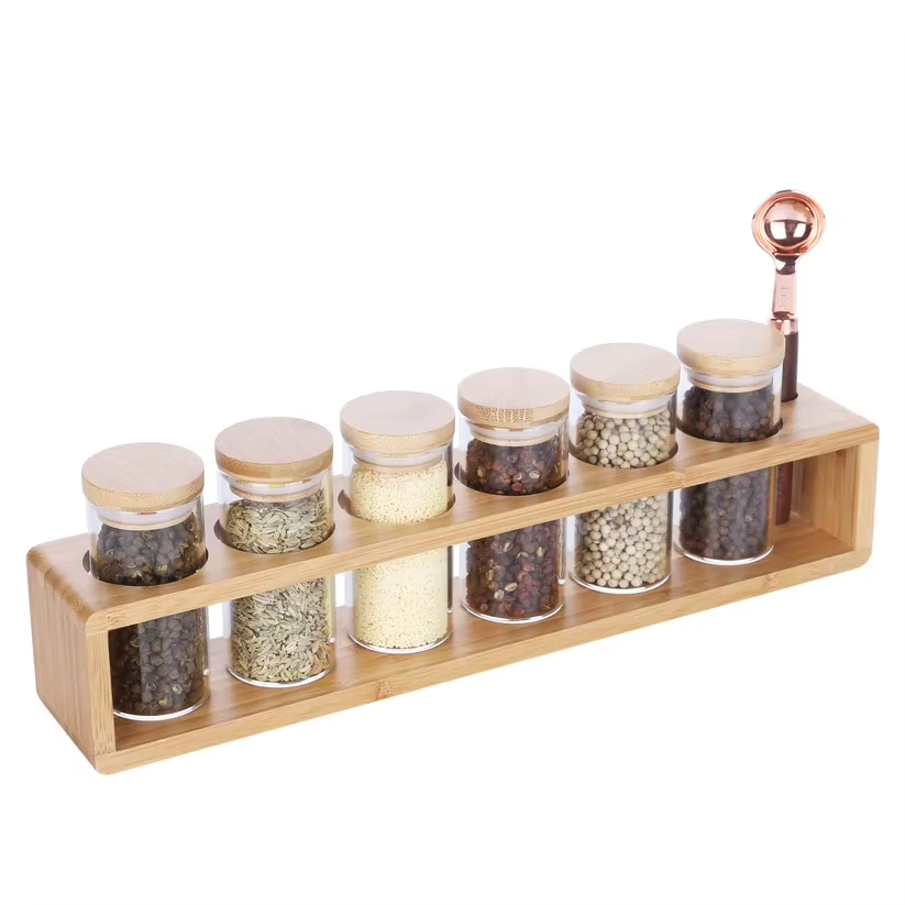 Bamboo Lid Glass Spice Jar Set Bamboo Shelf Herb Storage Jar and Kitchen Organization Glass Spice Jar Wooden Lid