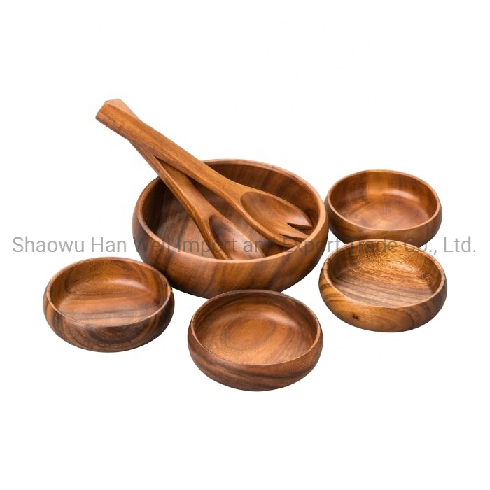 China Factory Custom Polished Acacia Wooden Salad Bowl Sets