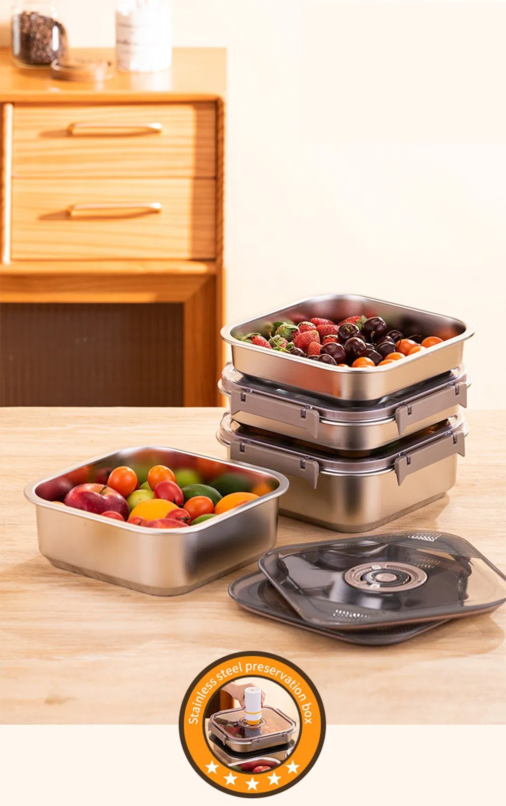 3PCS/Set Large Size Square Stainless Steel Food Storage Containers Preservation Box (1800/3000/5000ML)