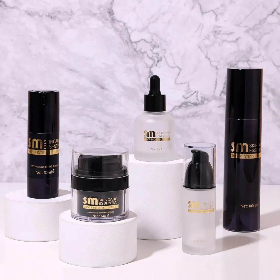 Luxury New Black 30ml 50ml 100ml Aluminum UV Skincare Bottle Sets Packaging Clear Frosting Glass Bottle with Silica Gel Dropper