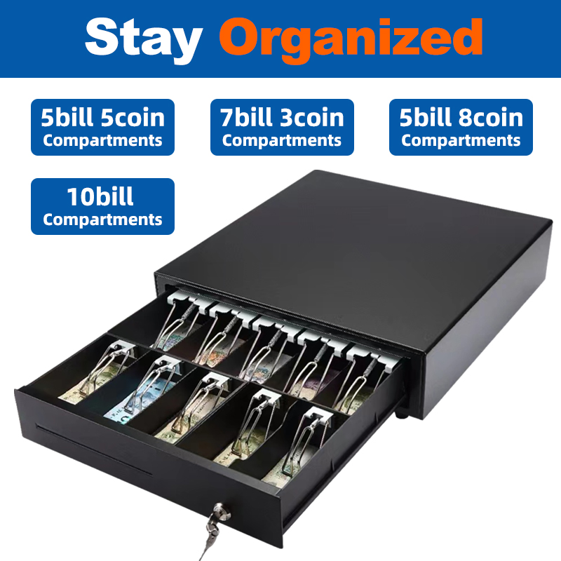 CB-405 Cash Drawer Available in black/white Fixed bill divider removable coin tray Fast open with heavy-duty ball bearing rollers 9-24V compatible