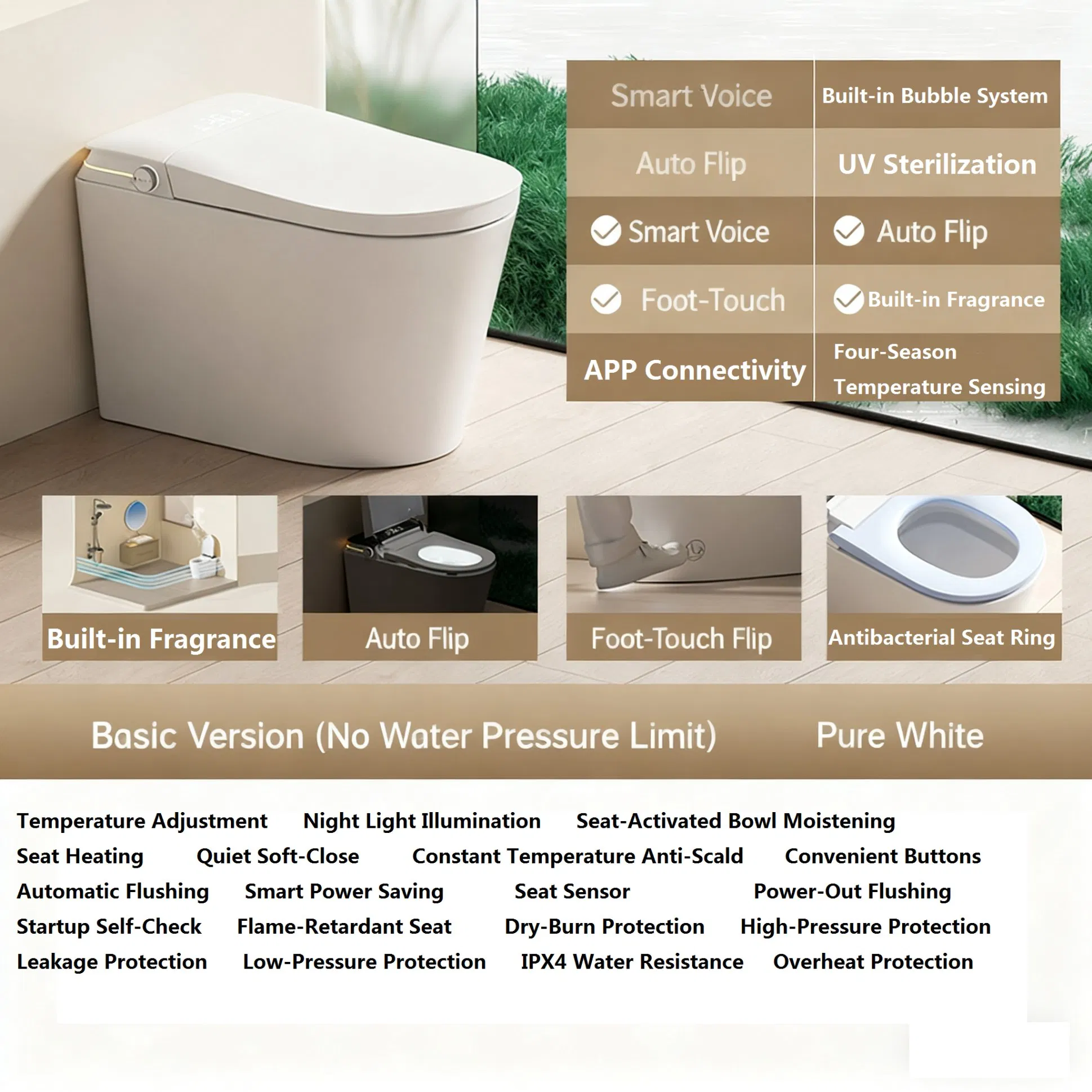 Automatic Smart Toilet with Integrated Sterilization, Self-Closing Lid, Instant Heating, Water Pressure-Free Design, and Built-in Foam Shield