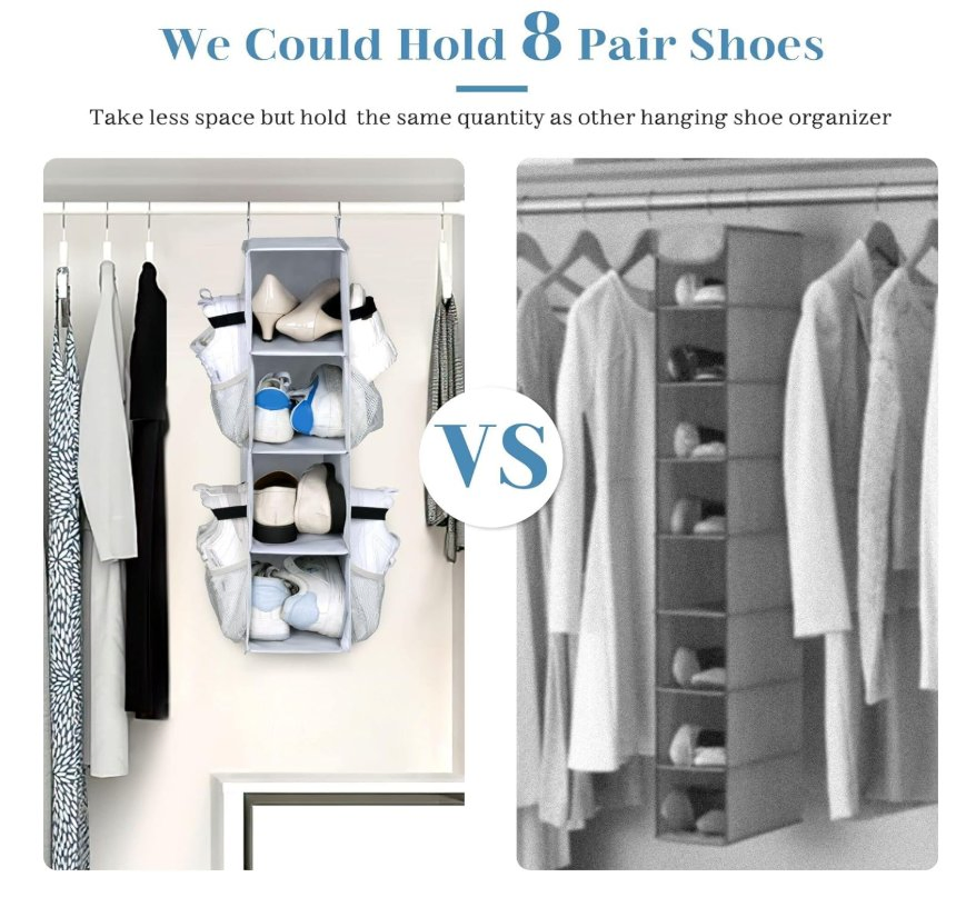 Short Hanging Holds 8 Pairs Shoe Organizer Closet Storage with Side Pockets