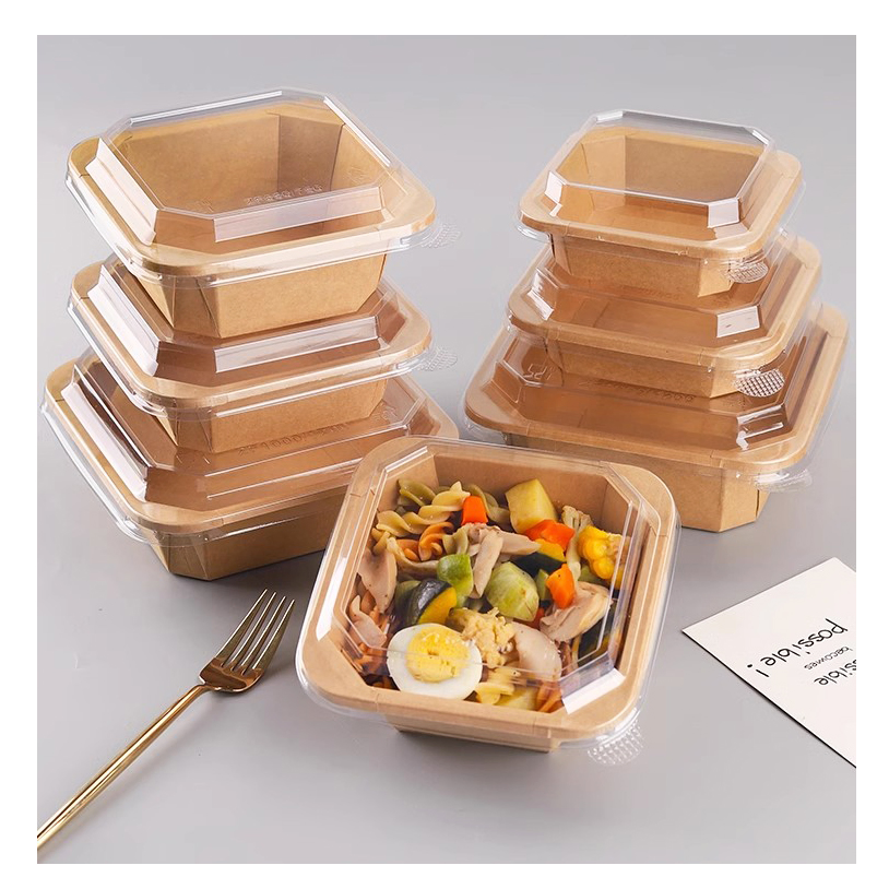 Custom Printing Disposable Food Packing Box Compostable Square Octagon Kraft Paper Wedding Fruit Salad Bar Display Bowl with Transparent Lid