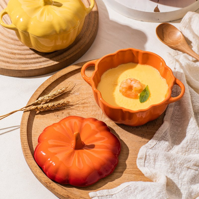 Halloween Ceramic Pumpkin Bowl with Lid Double Ear Children's Soup Bowl