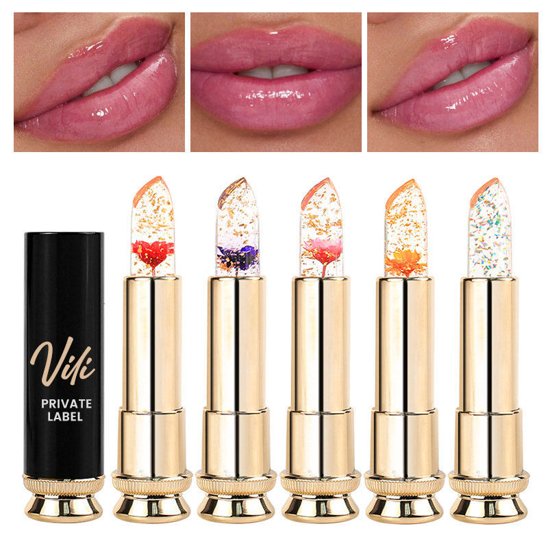 Clear 24K Gold Foil Flower Magic Lipstick Moisturizing Color Changing Jelly Lipstick