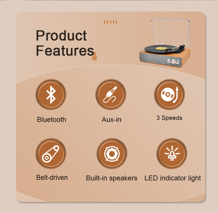 Винтажный проигрыватель винила с Bluetooth, деревянный корпус