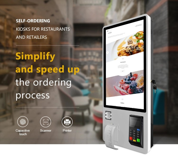 Wall Mounted Self Ordering Kiosk 32 Inch Bank Card Reader for Restaurant