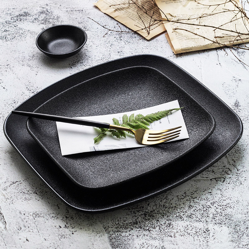 10 Inch Ceramic Square Flat Plates Cast Iron Black Steak Western Plate