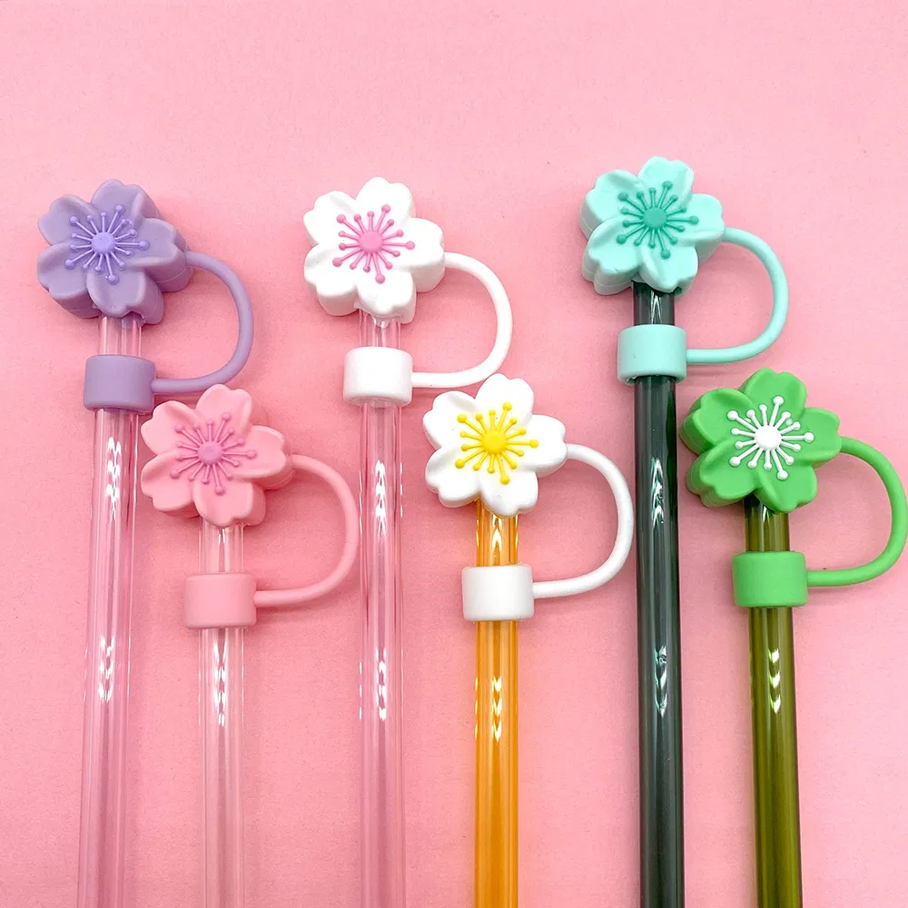 Silicone Sakura 3D Straw Cap Set of 6 Straw Accessories, Suitable for 10mm Straws, Reusable Gift