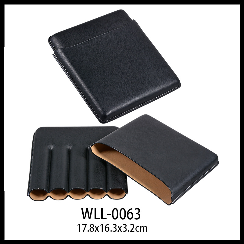 Classic Black Genuine Leather Travel Cigar Humidor with Paper Gift Box Set