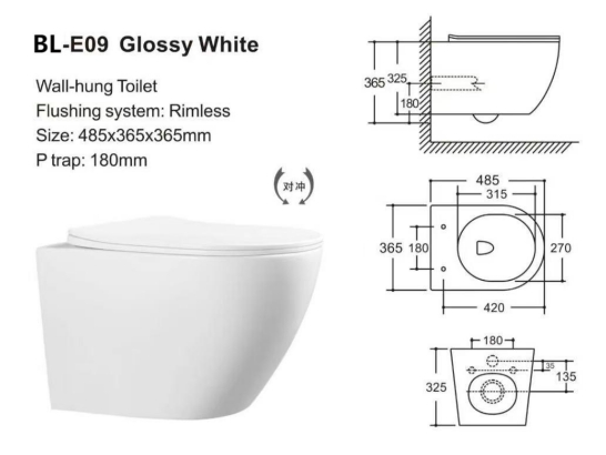 China One Piece Wall Mounted Toilet Ceramic Wc Rimless Toilet P Pipe Toilet Bowl Bathroom D-Shape Wall Hung Toilet